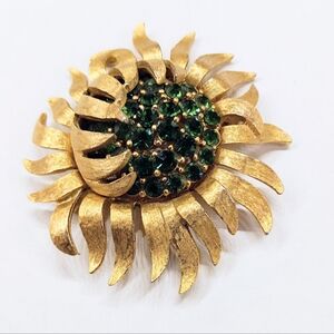 Vtg Crown Trifari Green Sunflower Rhinestone Brooch